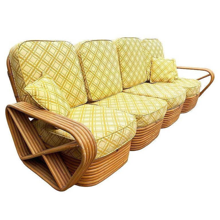 Restored Mid-century 5-Strand Square Pretzel Rattan Chair & Sofa Livingroom Set