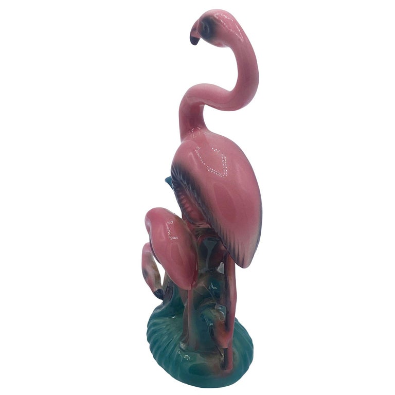 Mid-century Mother & Daughter Pink Flamingo Ceramic Tabletop Statue By Leftons