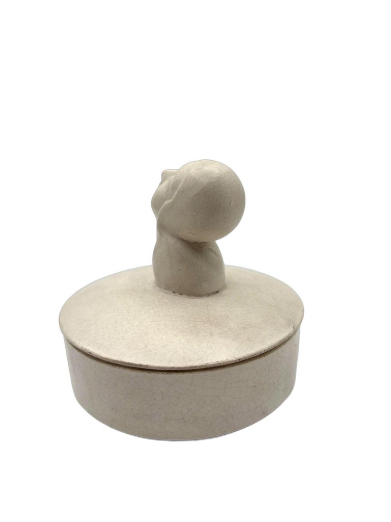 Mid-century Gray Earthenware Ceramic Vanity Powder Box w/ Female Bust Handle