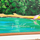 Large Tropical Hawaiian Scenic with Flamingos Oil on Canvas Signed