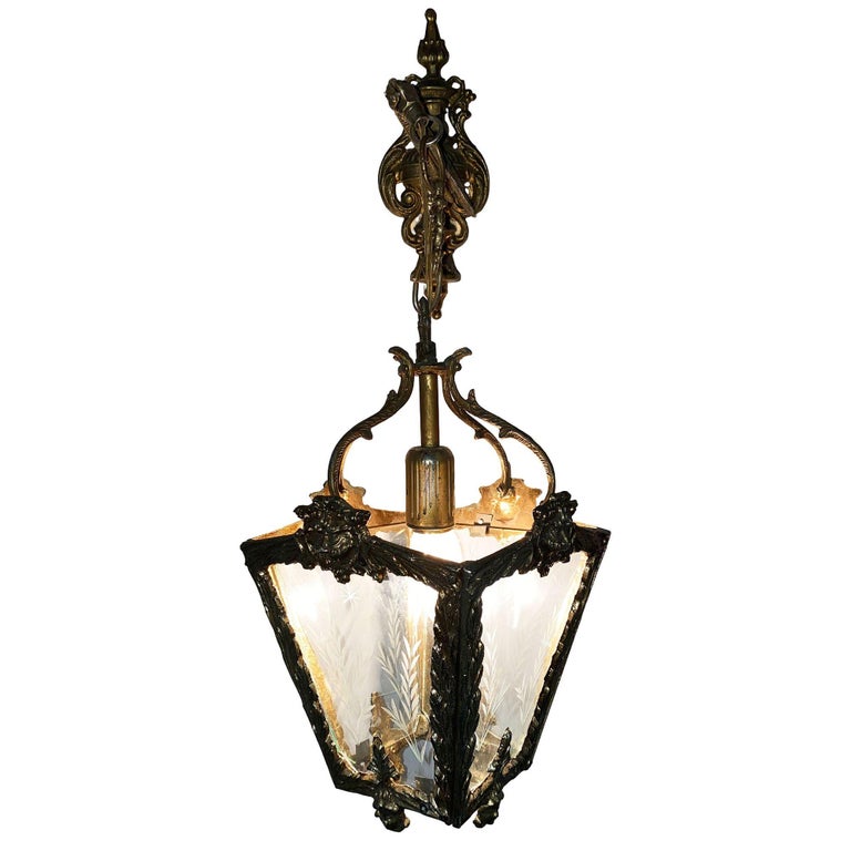 Italian Rococco Style Brass Lantern Hanging Wall Sconce w/ Etched Glass Panels