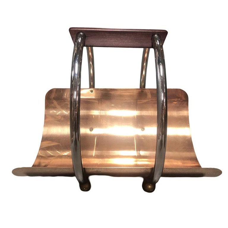 Art Deco Fireplace Log Holder Chrome and Copper by Leslie Beaton for Revere