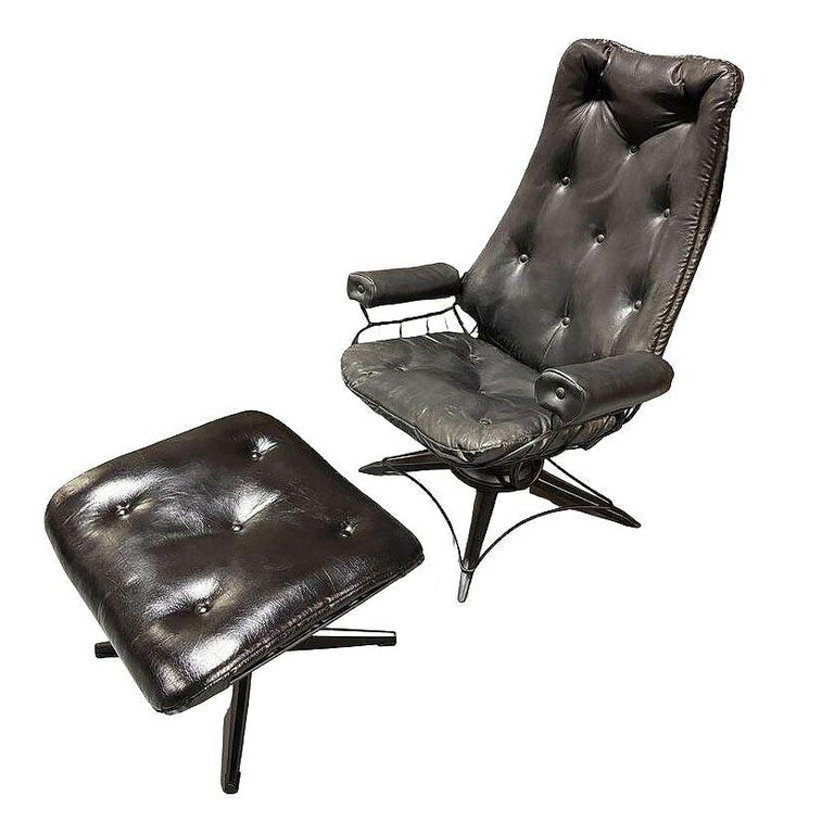 MCM Model 90 "Riviera" Swivel Springer Iron Lounge Chair w/ Ottoman by Homecrest
