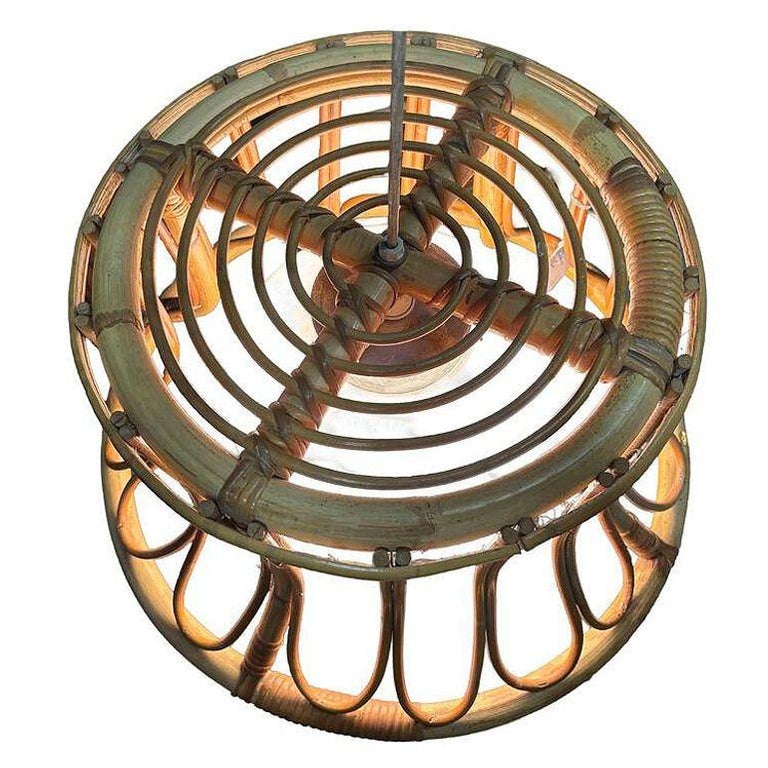 Albini Style Tulip-Shaped Reed Rattan Cieling Pendant Light w/ Glass Globe