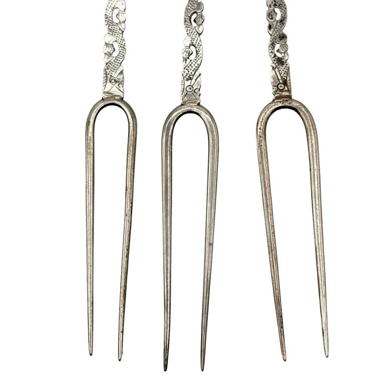 Victorian 1890 Chinese Export Silver Pickle Cocktail Fork, Set of 3