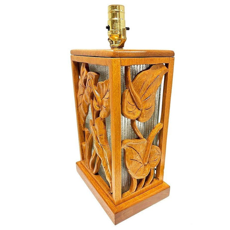Restored Mid-century Hawaiian Carved Mango Wood Panel Lantern Table Lamps, Pair