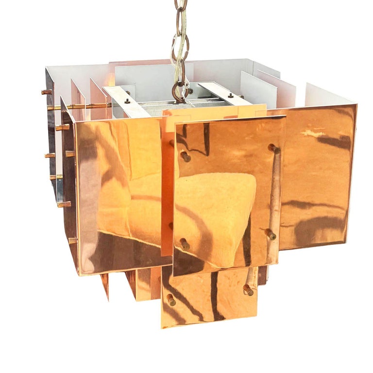 MCM Floating Panel "Cityscape" Brutalist Copper Chandelier By Robert Sonneman