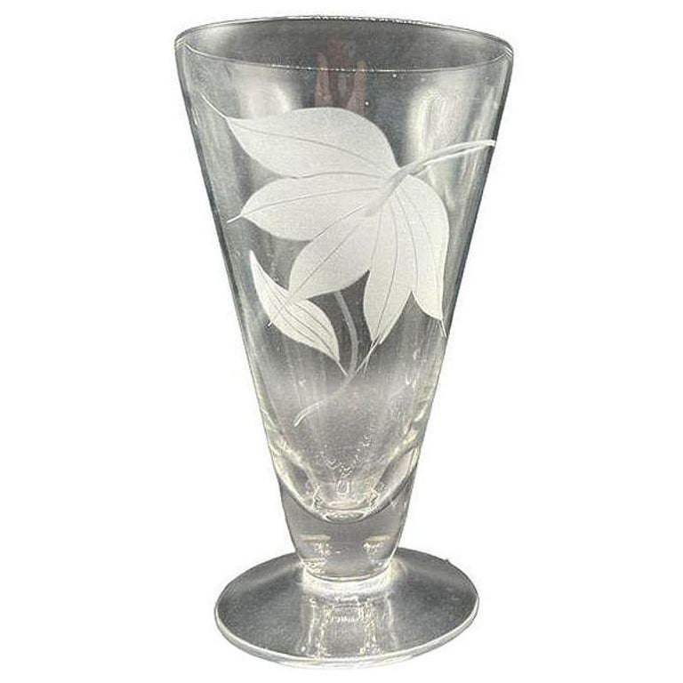 Mid-century Dorothy Thorpe Style Footed Tumbler w/ Etched Tropical Lilies, Pair