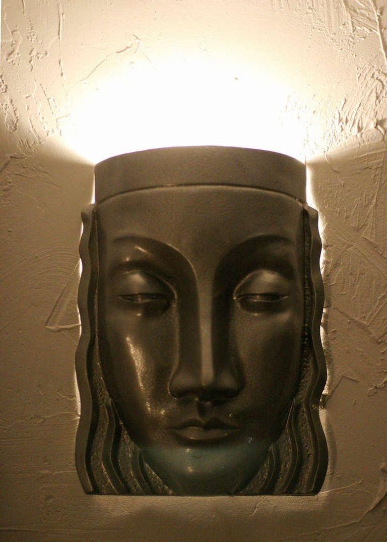 Art Deco Sculptural Female Face Wall Sconce, Rare