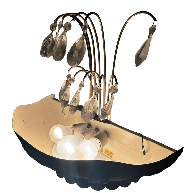 Art Deco Brass Hollywood Regency Palm Leaf Wall Sconce W/ Crystal Arms