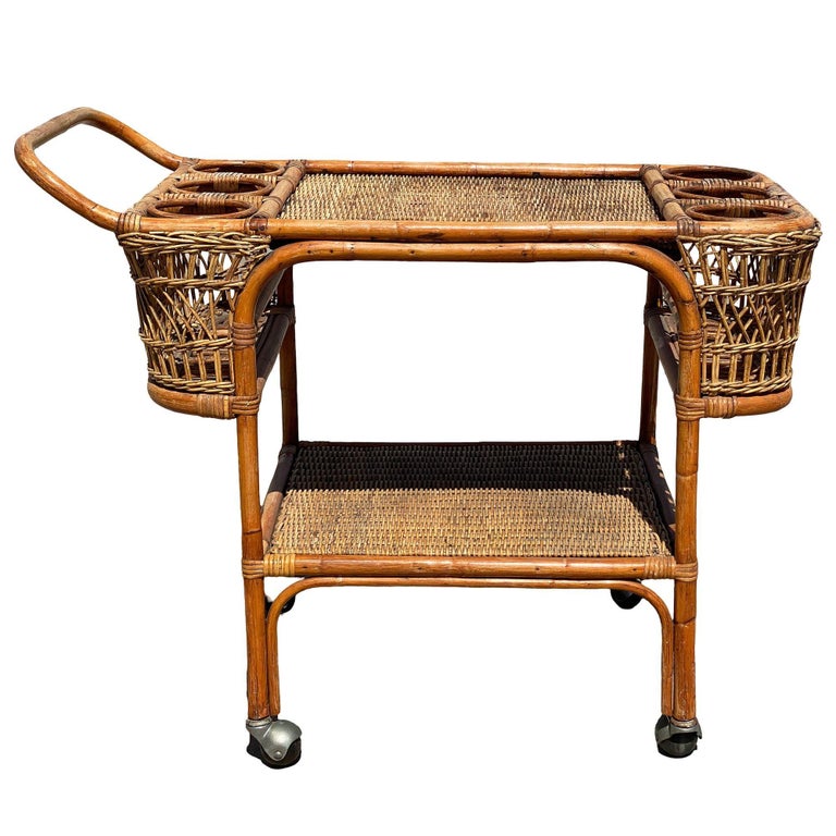 Restored Art Deco Stick Rattan Two-Tier Bar Cart w/ Woven WickerTops