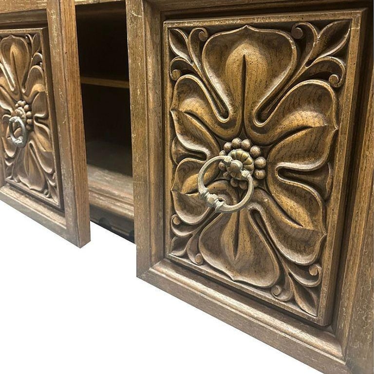 Mid Century Mediterranean Revival Carved Oakwood Buffet Cabinet