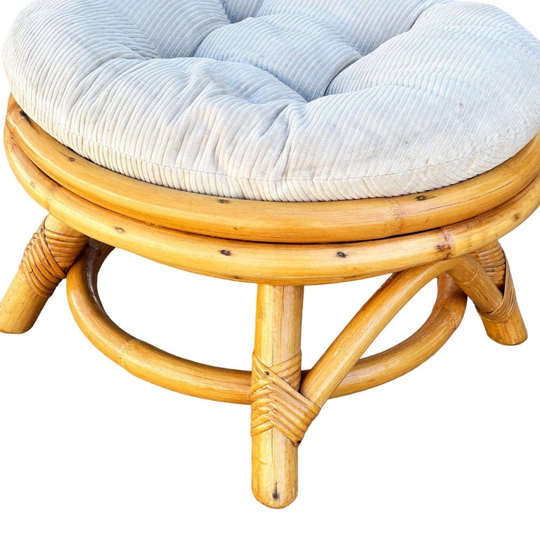 Restored Mid-century Rattan Round Ottoman w/ Tufted Cushion