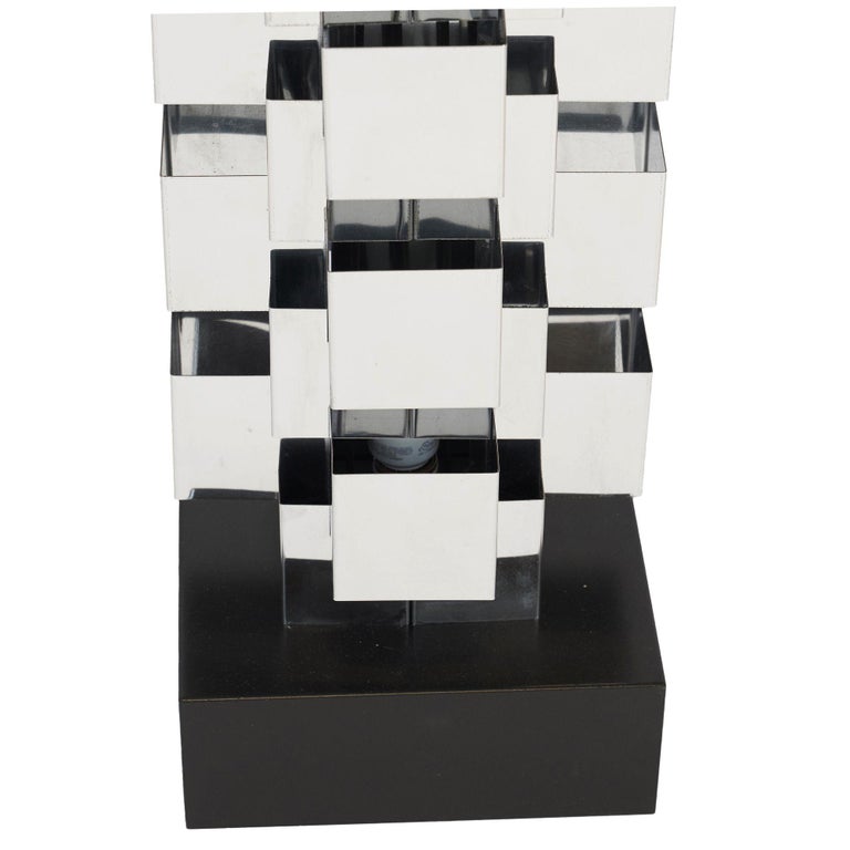 Brutalist Chrome Interlaced Column Sculpture Table Lamp by Curtis Jere, Pair