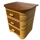 Restored Streamline Art Deco Stacked Rattan Bedside Table W/ Mahogany Top, Pair