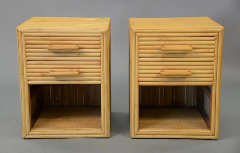 Restored Horizontal Stacked Stick Rattan Side Bedside Table w/ Cubby Space, Pair