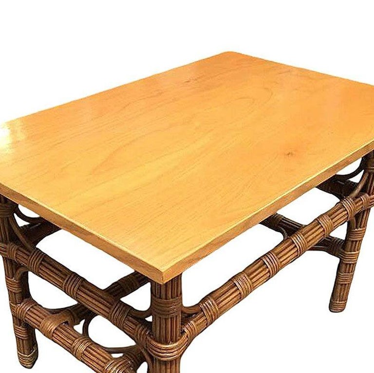 Restored Stick Rattan Side Table with Bleached Mahogany Top