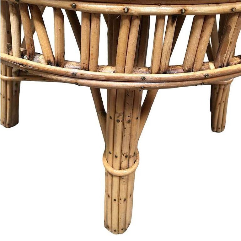 Restored Round Stick Rattan Coffee Table with Mahogany Top