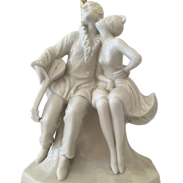 Porcelain Figural Harlequin Lamp with Brass Base, circa 1920