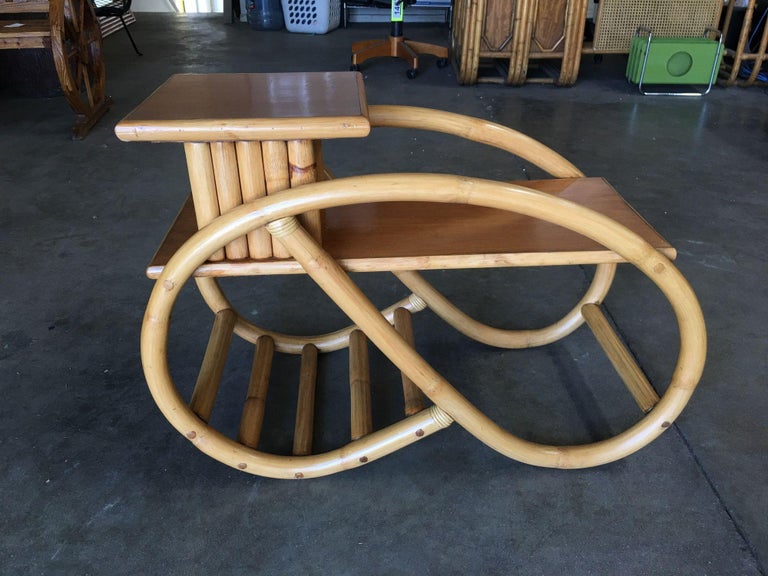 Restored 3/4 Round Pretzel Rattan Side Table w/ 2-Tier Mahogany Tops, Pair