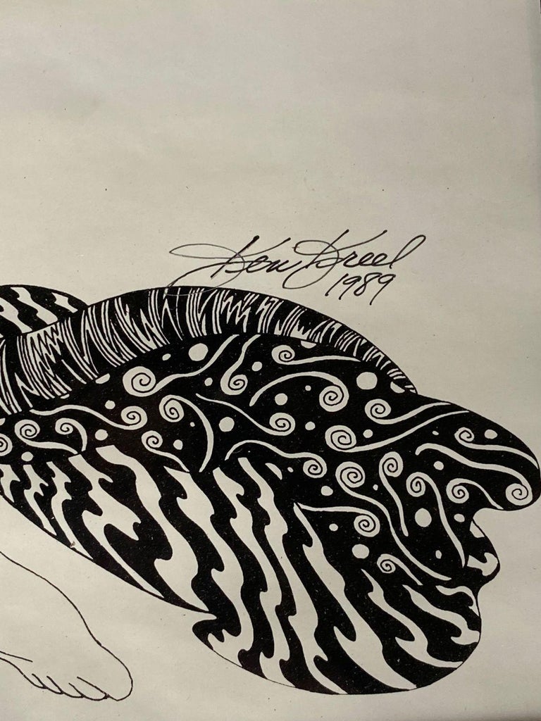 Hand Inked on Paper Surrealist Female Portrait drawing Signed Ken Kreel 1989