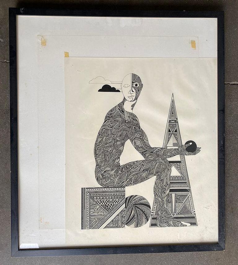 Hand Inked on Paper Surrealist Male Portrait Drawing Signed Ken Kreel 1989