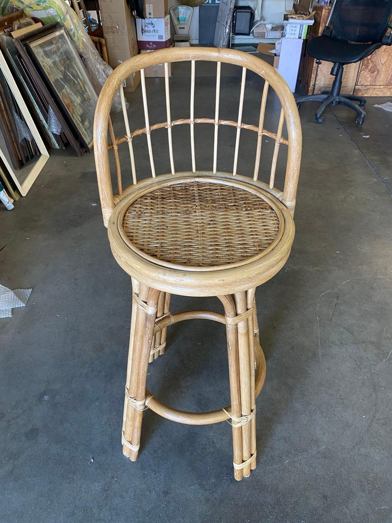 Restored 3-Strand Rattan Bar Stool w/ Stick Reed Rattan Back