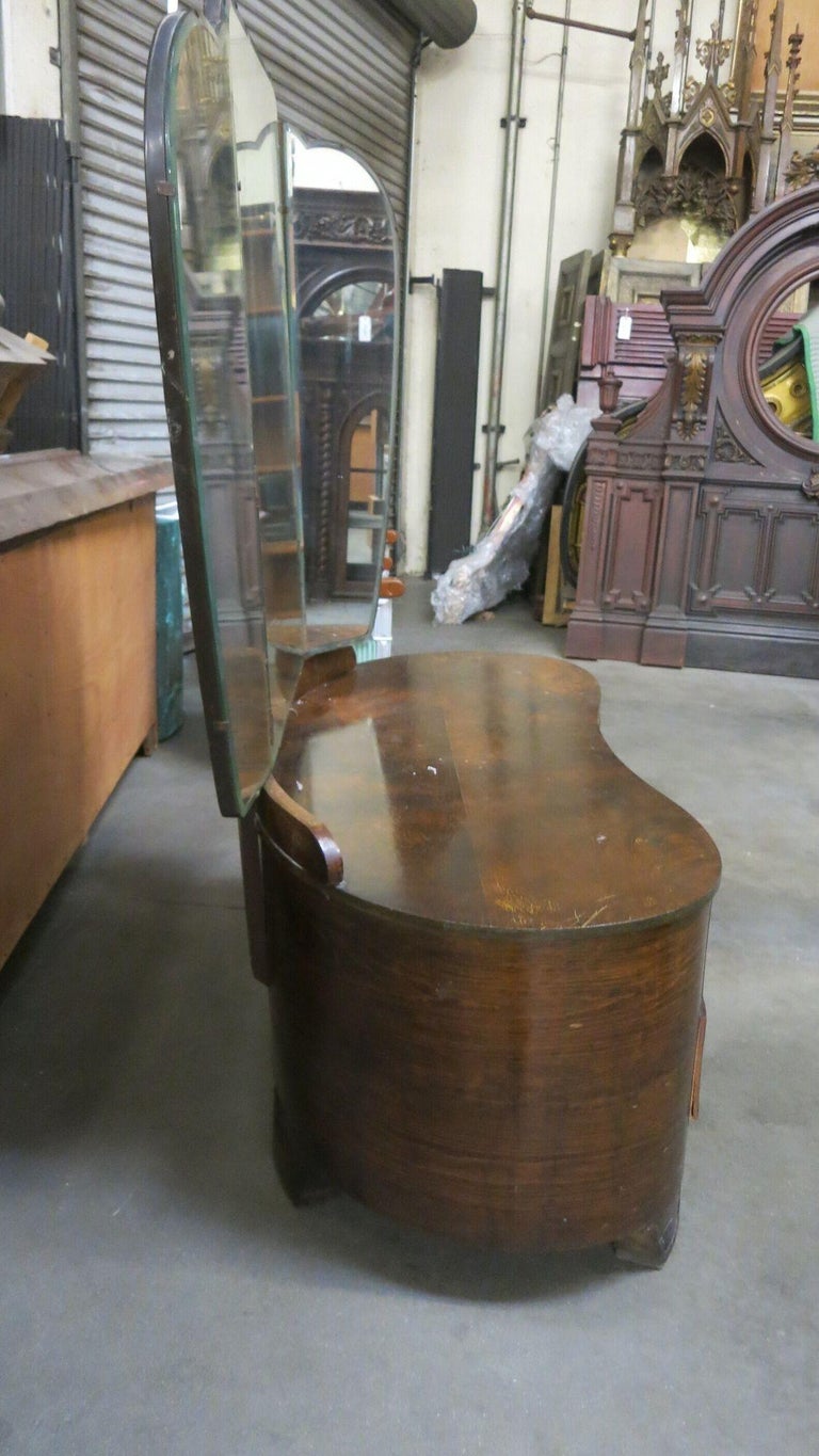 Edwardian Dark Stained Burlwood Vanity w/ Trifold Mirror, Circa 1910