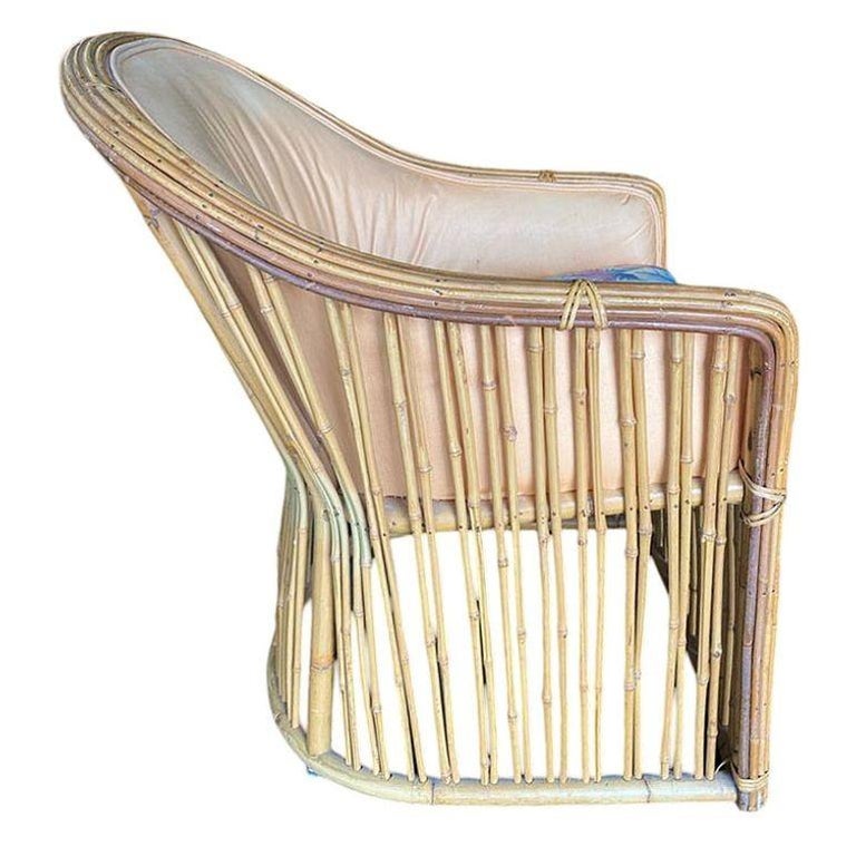 Set of Four Pencil Reed Rattan Armchair, Restored, 1970s