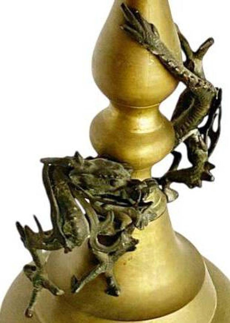Hand Casted Brass Candlestick Holder w/ Chinese Dragon, Circa 1920