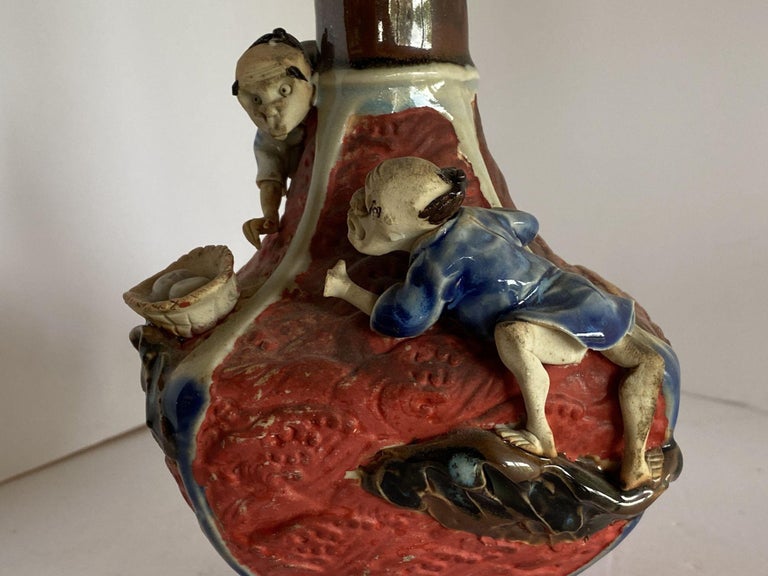 Japanese Sumida Ware Vase with Two Men on Rocky Ledge by Inoue Ryosai II