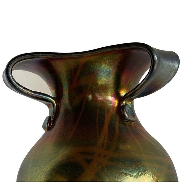 Rare Early 20th Iridescent Handblown Heart & Vine Vase Set by Imperial