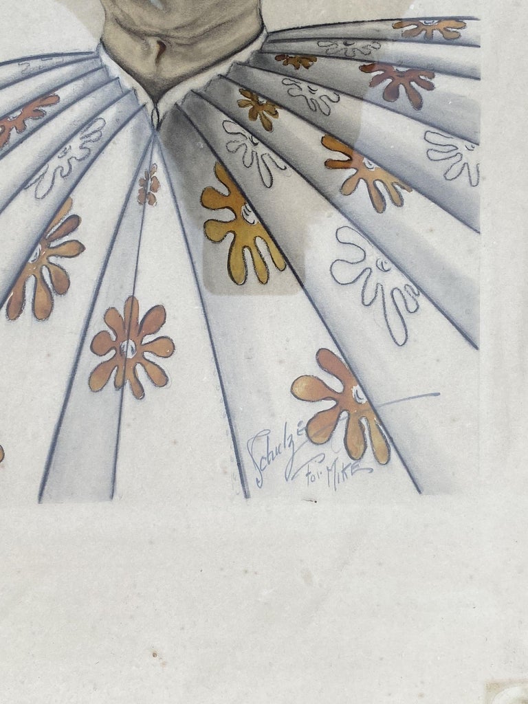 Post War Tropical Nude Color Pencil Drawling Signed Schultz