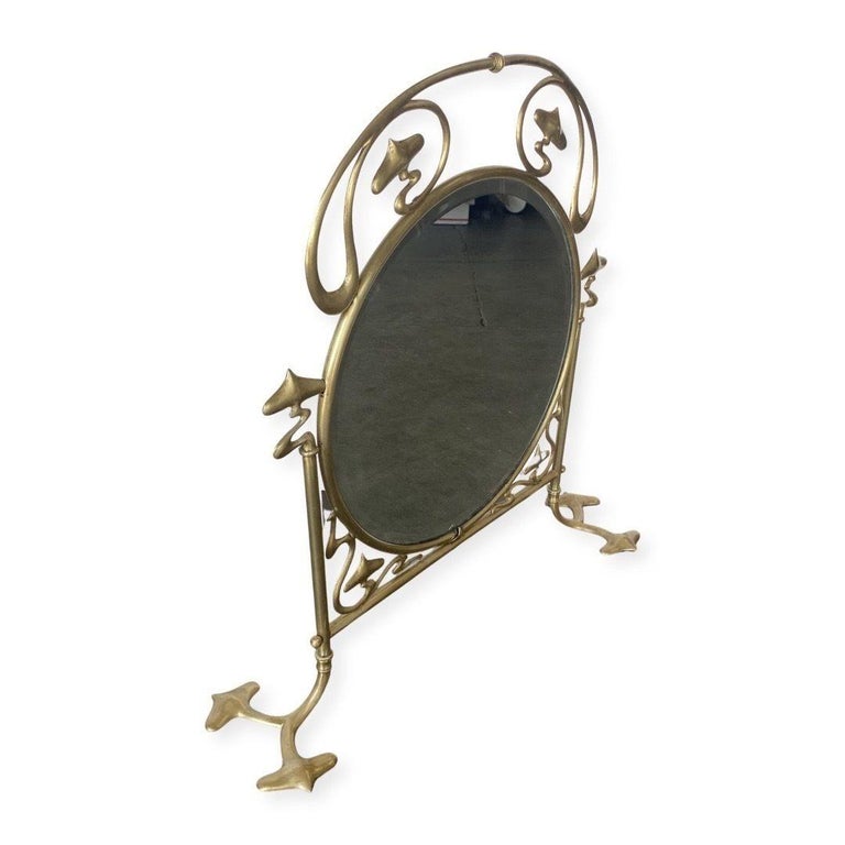 French Art Nouveau Brass Fire Screen with Mirror