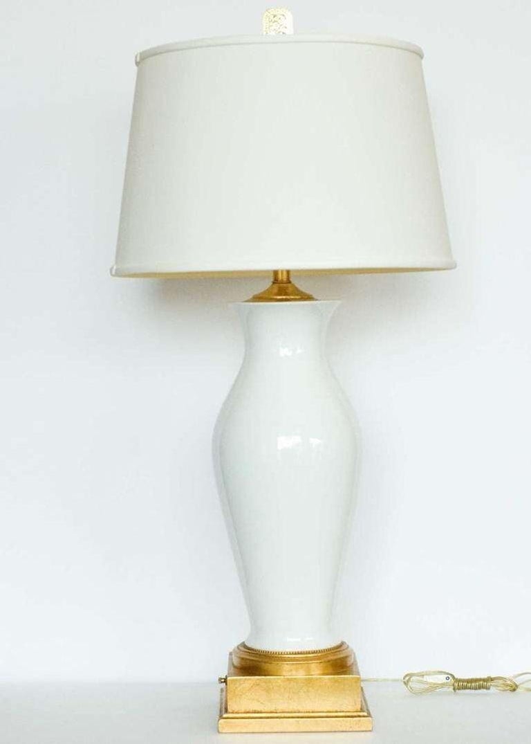 High Style Mid-century White Porcelain & Gold Leaf Table Lamp w/ Shade