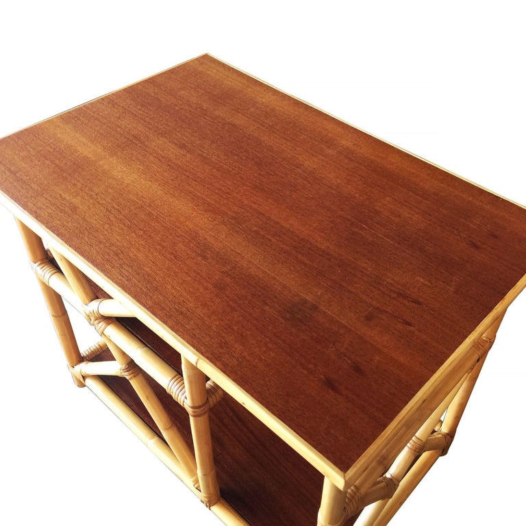 Restored Mahogany and Rattan Three-Tier Side Table