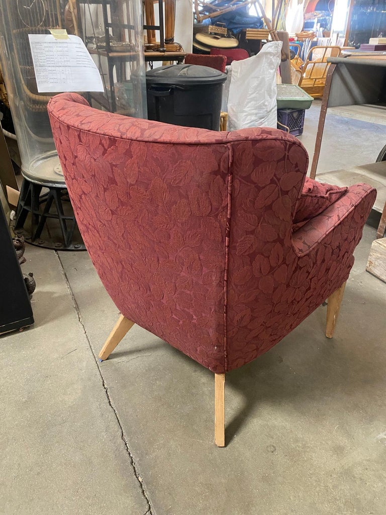 Mid Century Modern Wingback Lounge Chair Burgundy Leaf Print Pair
