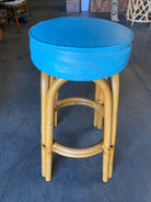 Restored Single Stand Arched Rattan Bar Stool w/ Teal Green Seat, Set of Four