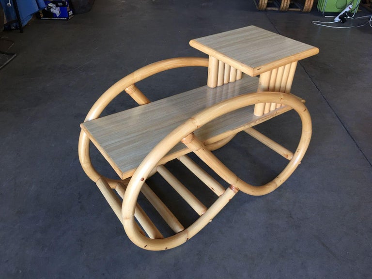 Restored 3/4 Round Pretzel Rattan Side Table with Two-Tier Formica Tops