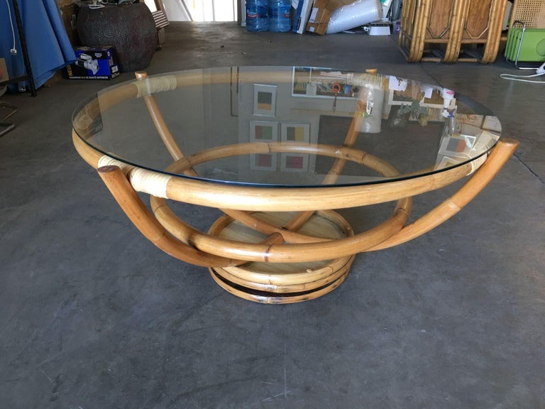 Restored Four Pole Rattan Coffee Table with Floating Glass Top