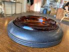 Round Dark Gold Amber 8" Glass Art Deco Ashtray w/ Ebony Holder