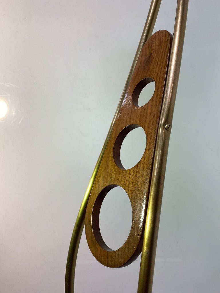 Mid Century Walnut and Brass Floor Lamp with Whipstitch Fiberglass Lamp Shades