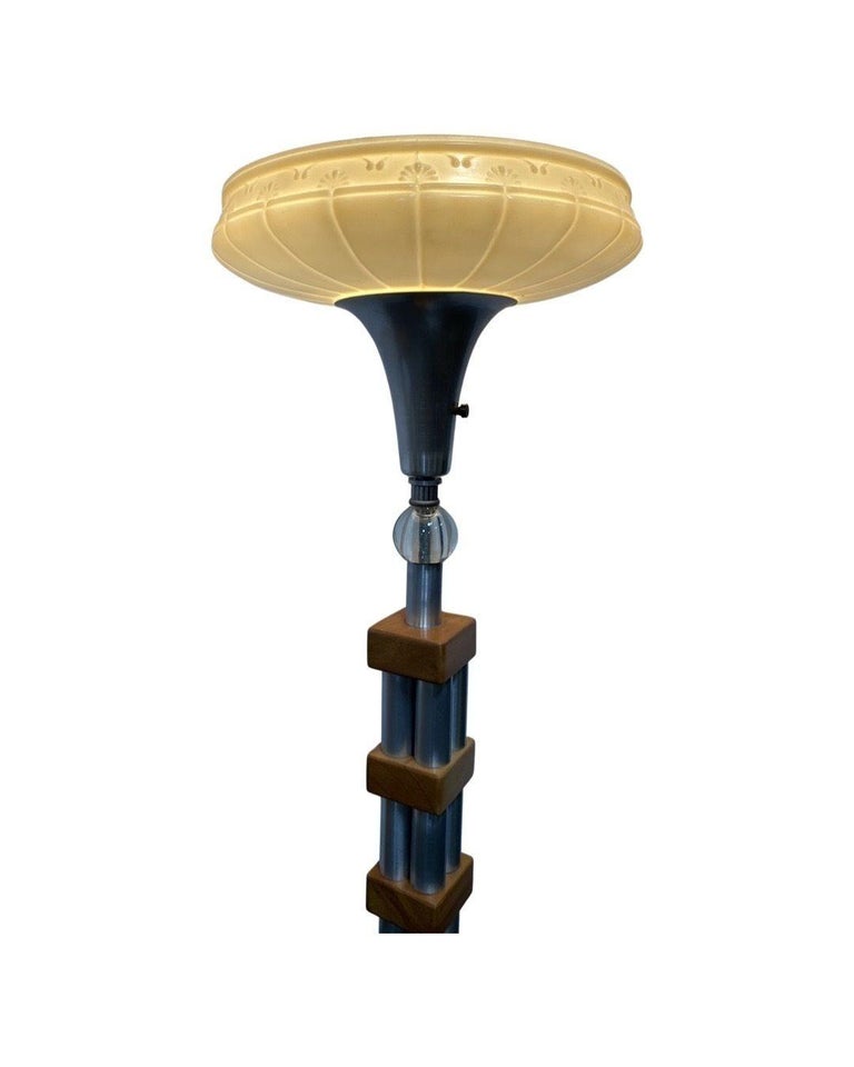 Mid-Century Modern Chrome Blond Maple Stacked Torchiere Floor Lamp