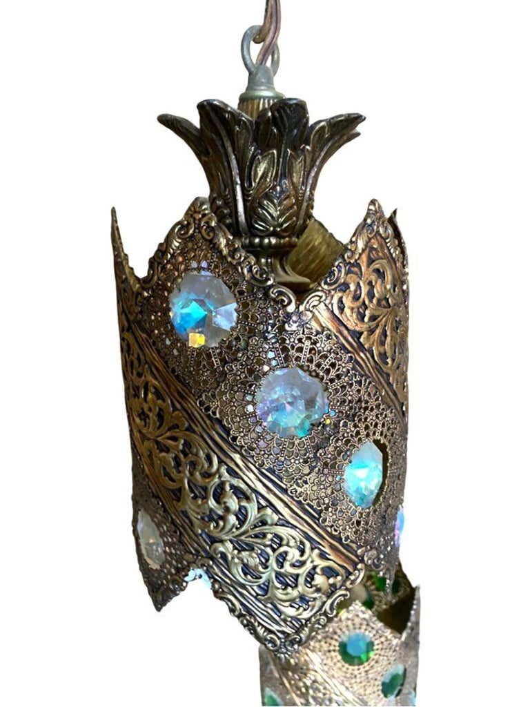 Hollywood Regency Jewel Prisms Filigree 5 Light Hanging Chandelier, Circa 1950