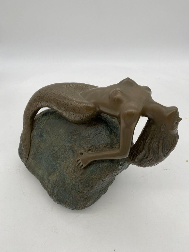 Bronze Mermaid Siren Statue on Beach Rock by James Siebert