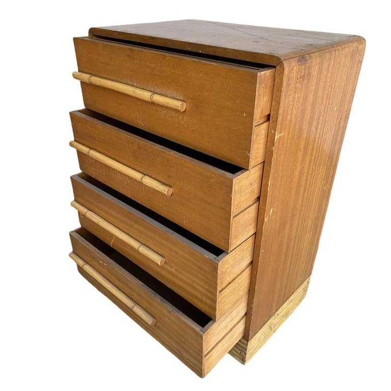 Restored Mid-century Waterfall Highboy Mahogany Dresser W/ Stacked Rattan Base
