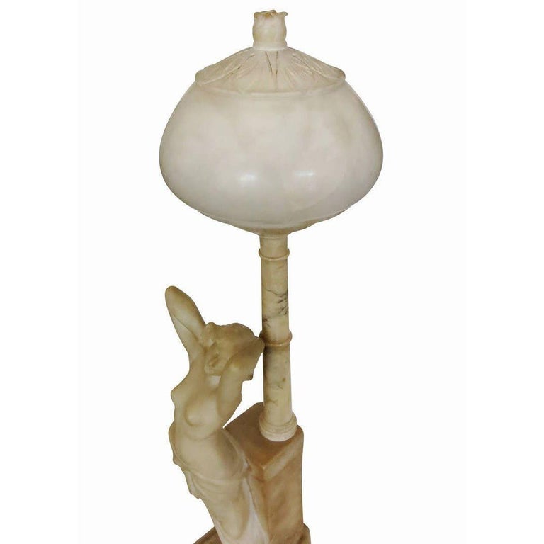 Edwardian Era Italian Carved Alabaster Nude Greco-Roman Female Figural Lamp