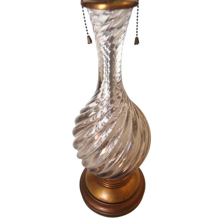 Italian Mid-century Pink Swirled Murano Glass Table Lamp w/ Brass Base