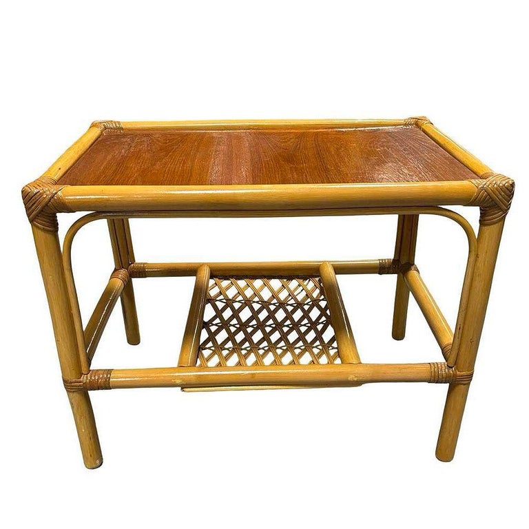 Restored Mid-century 2 Tier Rattan & Wicker Coffee Cocktail Table w Mahogany Top
