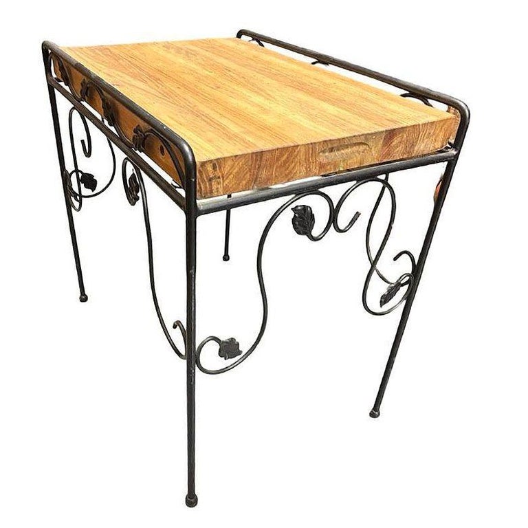 Wrought Iron Scrolling Ivy Wire Patio Wire Side Table w/ Butcher Block Top